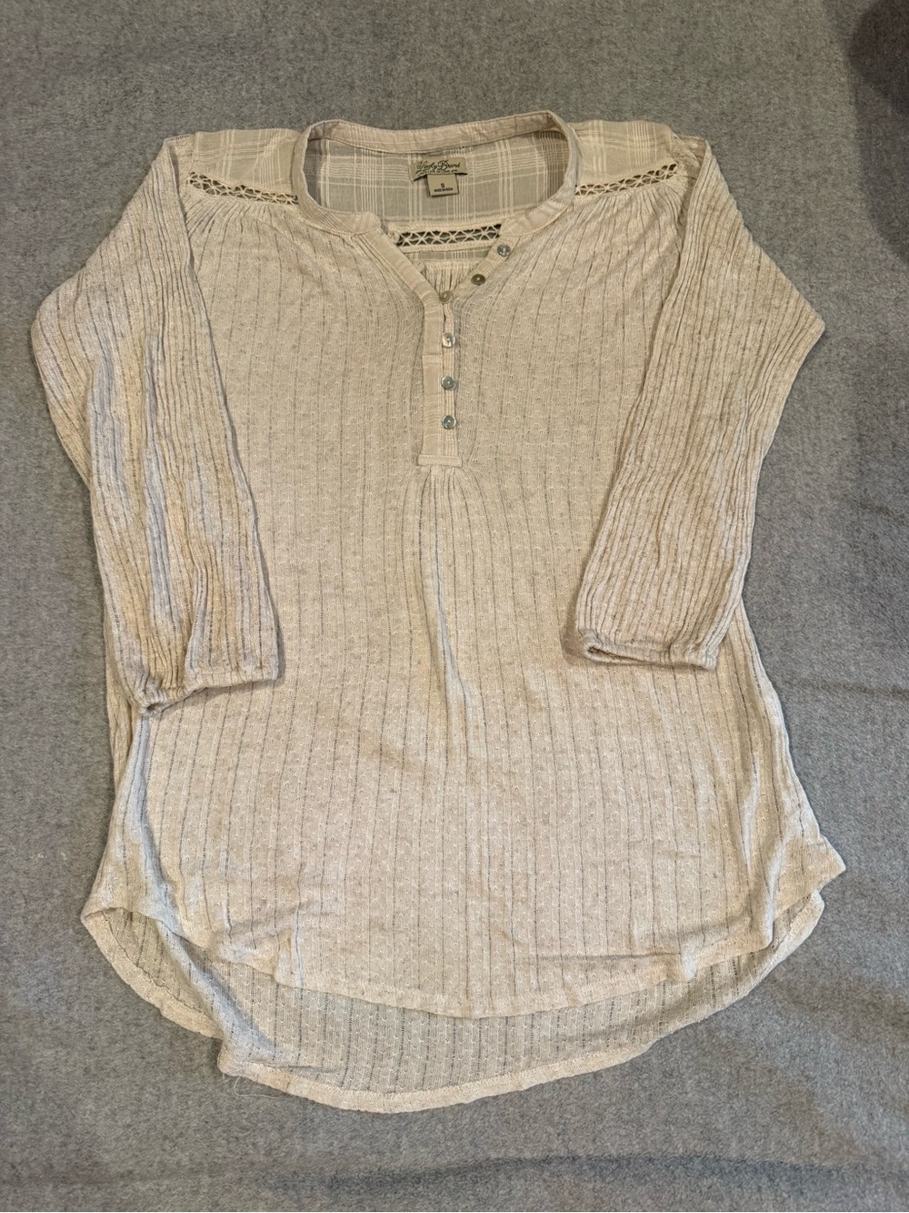 Lucky Brand Beige Ribbed Henley Long/3/4 Sleeve Top